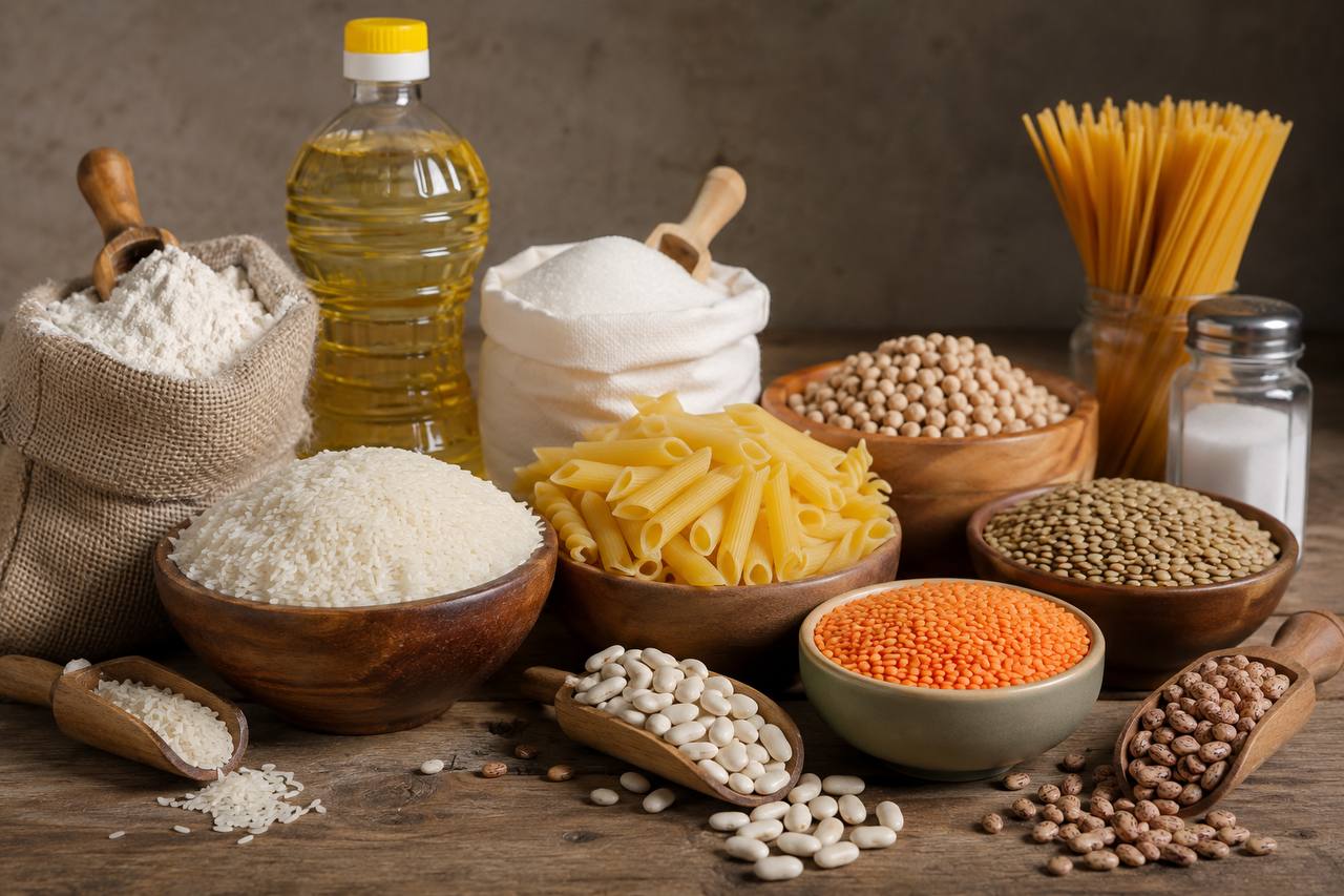 أجولة حبوب وبقوليات وأرز معروضة